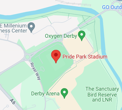 Google maps snippet showing location of Pride Park stadium, Derby