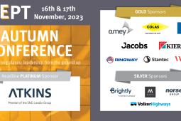 Image promoting ADEPT Autumn Conference - orange and grey with date of conference (16th/17th November), and sponsor logos