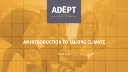 front cover image of the An Introduction to Talking Climate guide - desaturated image of people speaking overlaid with title text and ADEPT logo